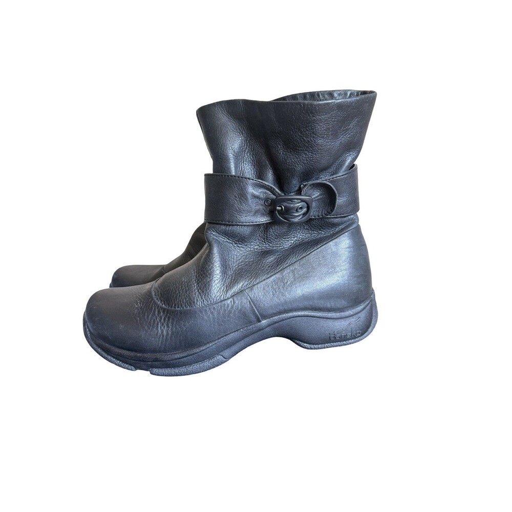 Dansko  Black Leather Ankle Boots Buckle SZ 38 Moto Chunky Comfort Shoes